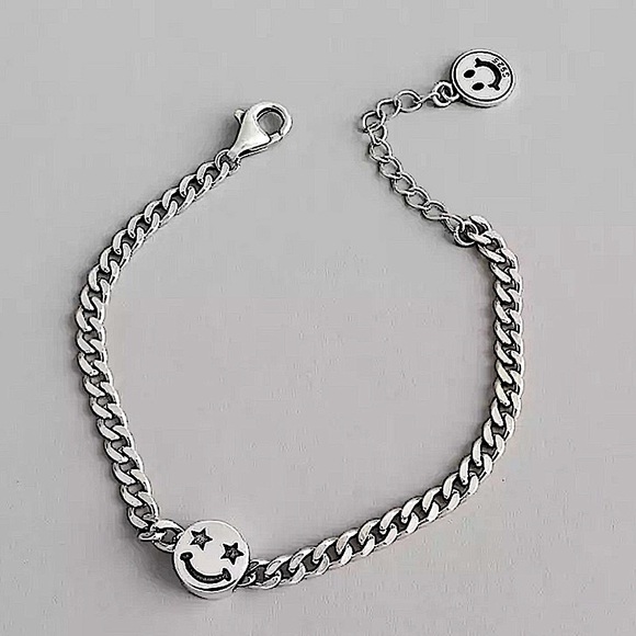 Sterling Silver Happy Face Chain Link Bracelet - Picture 1 of 6